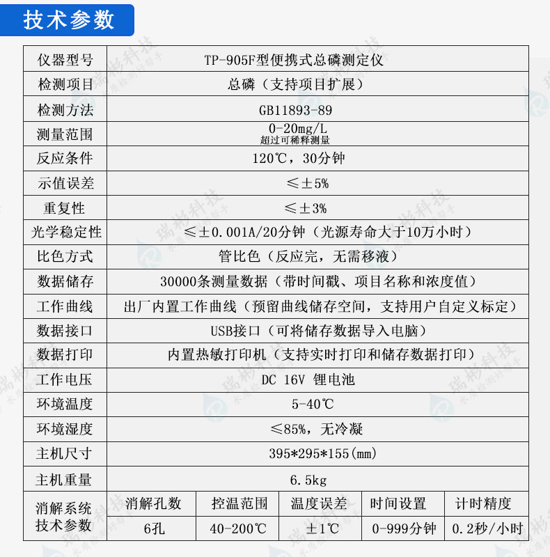 TP-905F型便攜式總磷測(cè)定儀技術(shù)參數(shù)