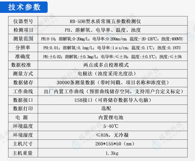 水質(zhì)常規(guī)五參數(shù)檢測儀（pH、電導(dǎo)率、溶解氧、水溫、濁度）技術(shù)參數(shù)
