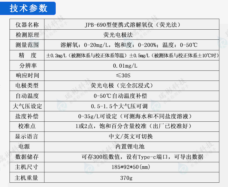 JPB-690型便攜式熒光法溶解氧儀技術參數(shù)